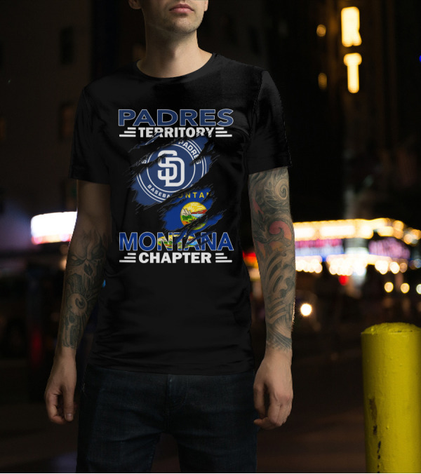 Padres Territory Montana Chapter SD Baseball Logo And Montana Flag Burst T-Shirt