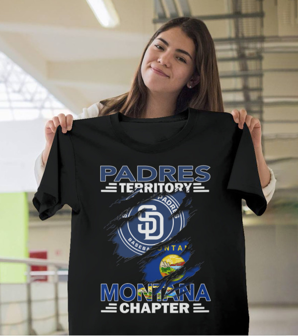 Padres Territory Montana Chapter SD Baseball Logo And Montana Flag Burst T-Shirt
