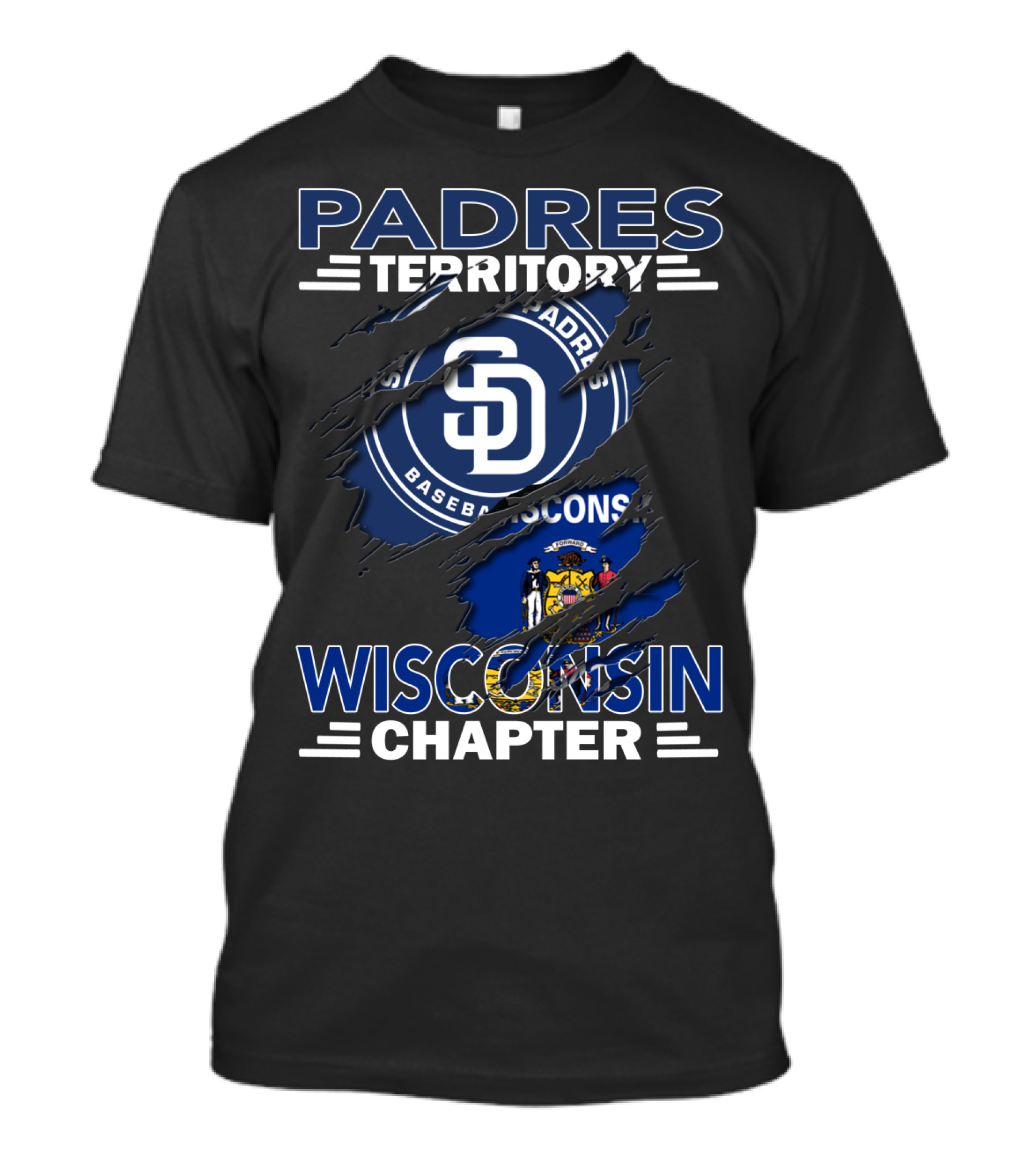 Padres Territory Wisconsin Chapter Baseball SD Logo Wisconsin Flag T-Shirt