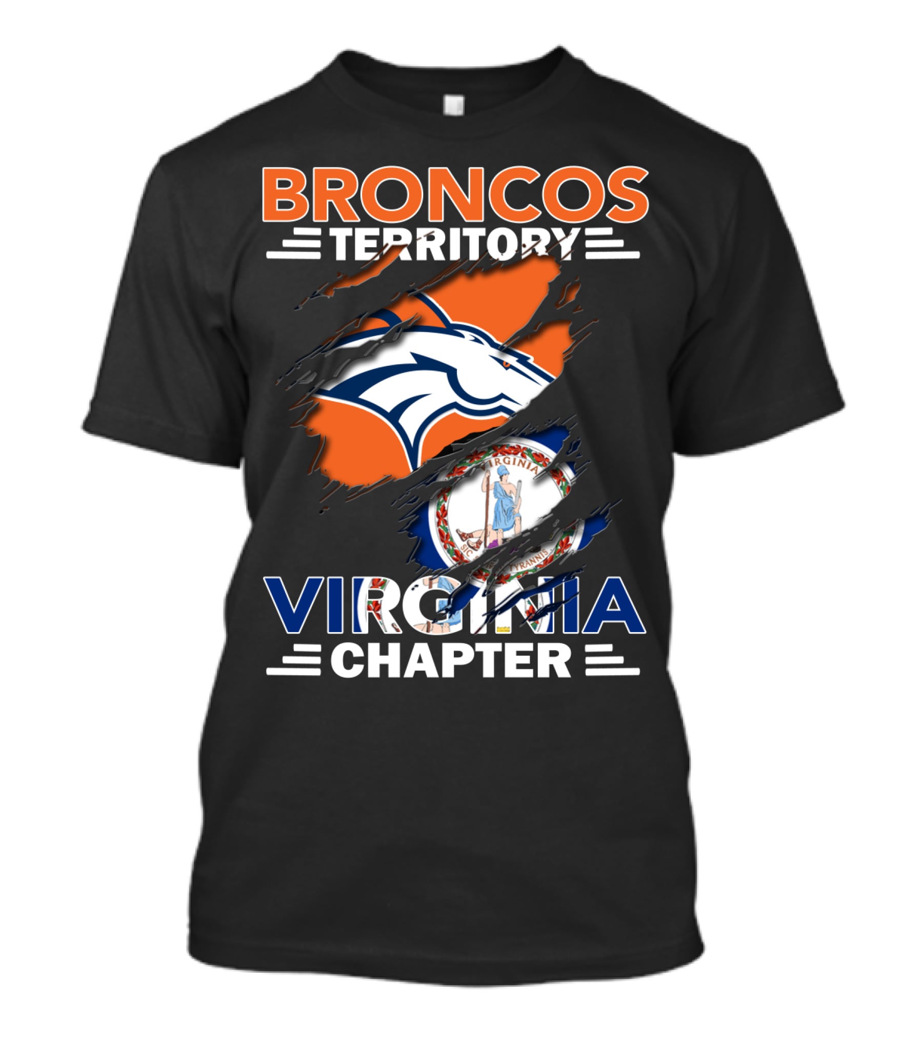 Broncos Territory Virginia Chapter Logo With Virginia State Flag And Denver Broncos Emblem T-Shirt