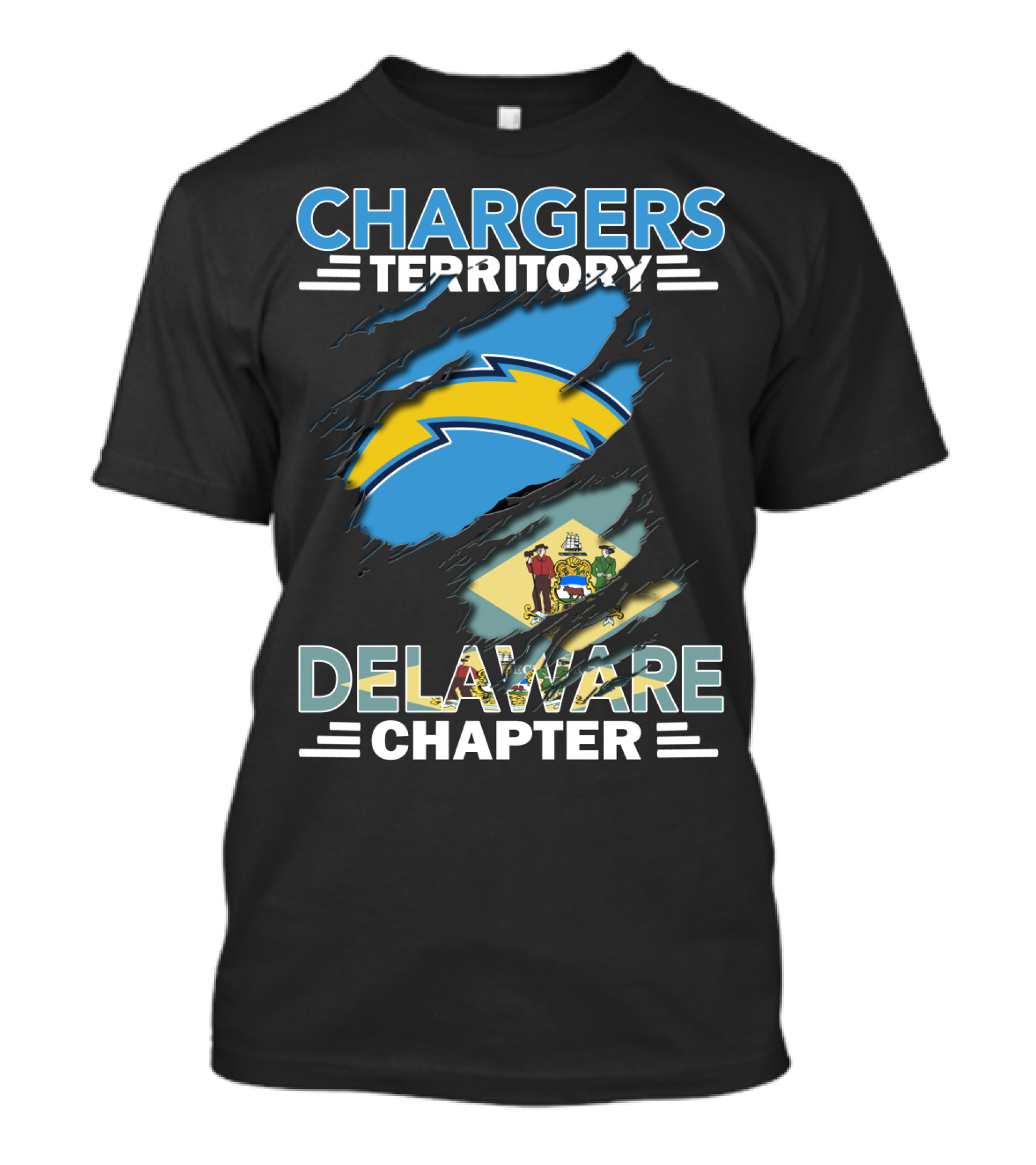 Chargers Territory Delaware Chapter Lightning Bolt And State Flag T-Shirt