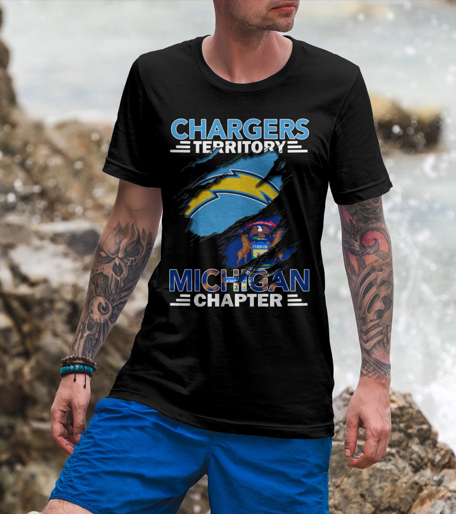 Chargers Territory Michigan Chapter Logo With Michigan State Flag And Lightning Bolt T-Shirt