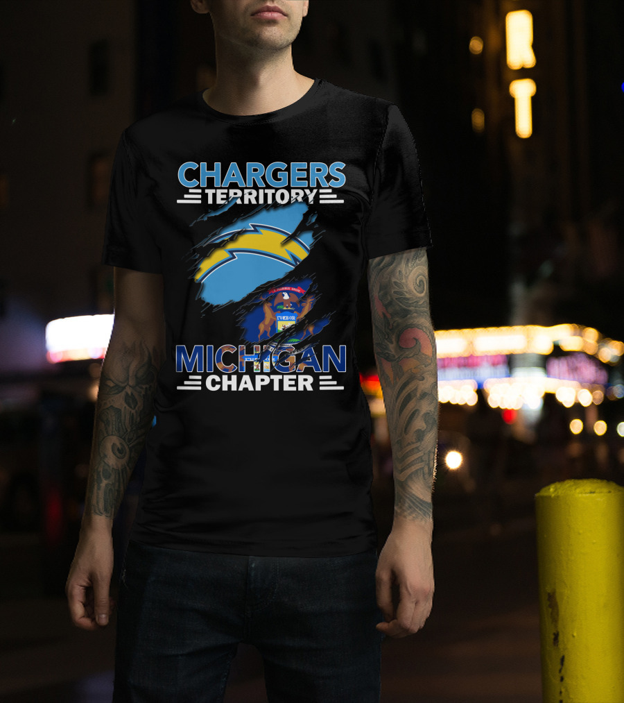 Chargers Territory Michigan Chapter Logo With Michigan State Flag And Lightning Bolt T-Shirt