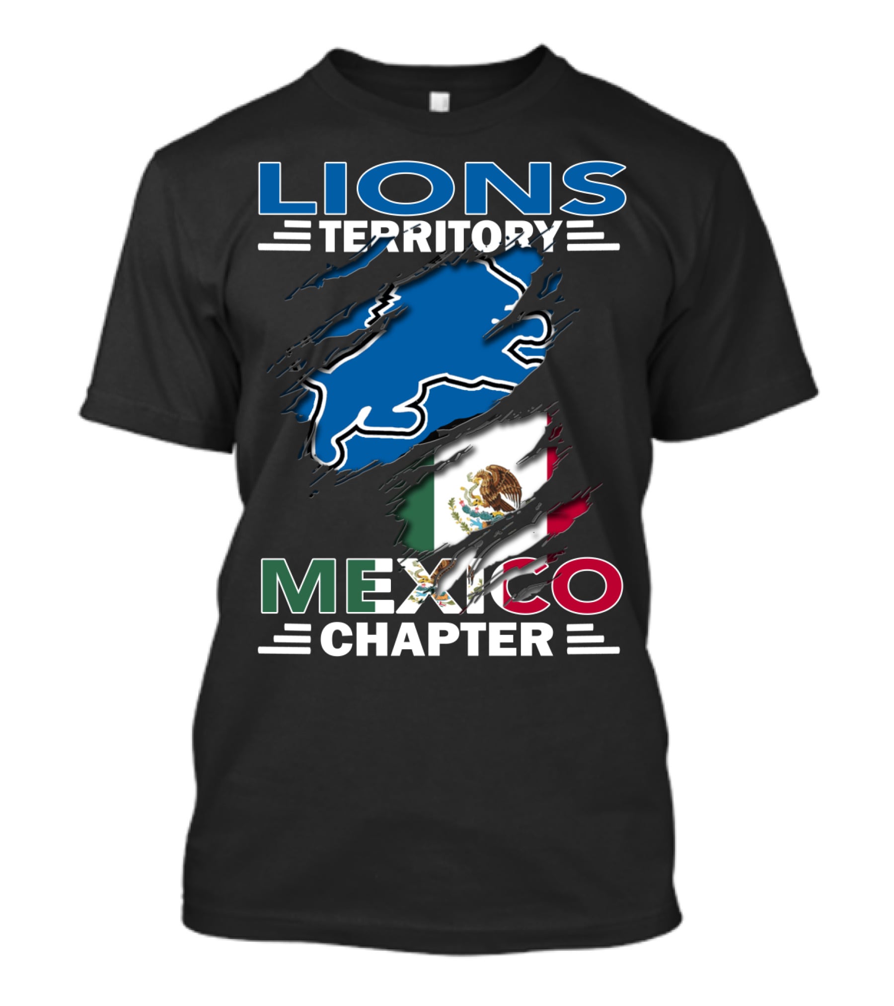 Lions Territory Mexico Chapter Blue Lion Silhouette And Mexican Flag T-Shirt