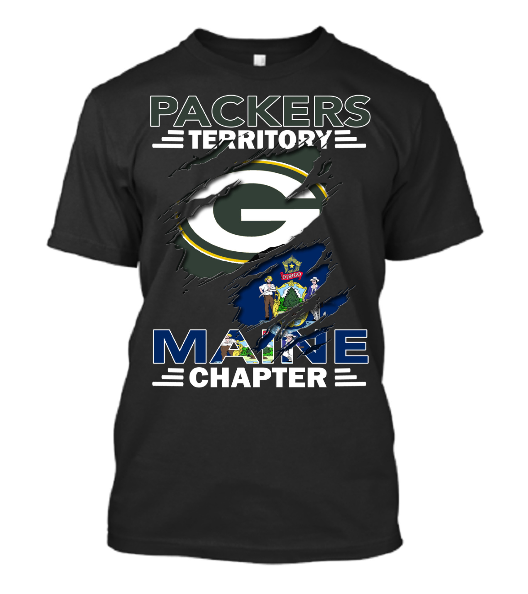Packers Territory Maine Chapter Green Bay Logo Maine Flag T-Shirt