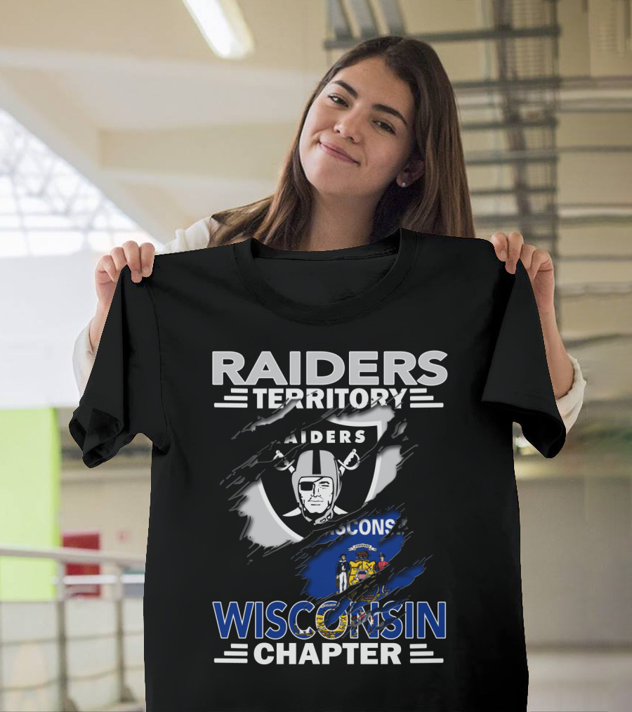 Raiders Territory Wisconsin Chapter NFL Team Fan Club Logo and State Flag Tear T-Shirt