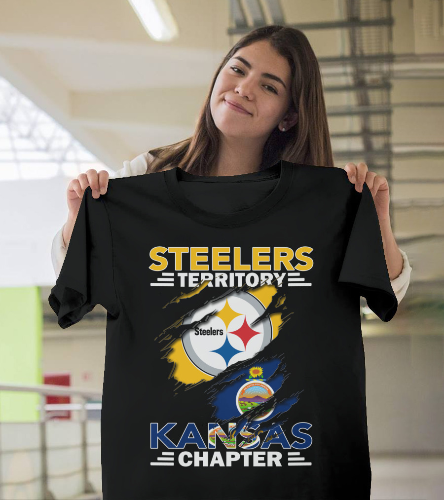 Steelers Territory Kansas Chapter Steelers Logo And Kansas Flag Ripped T-Shirt