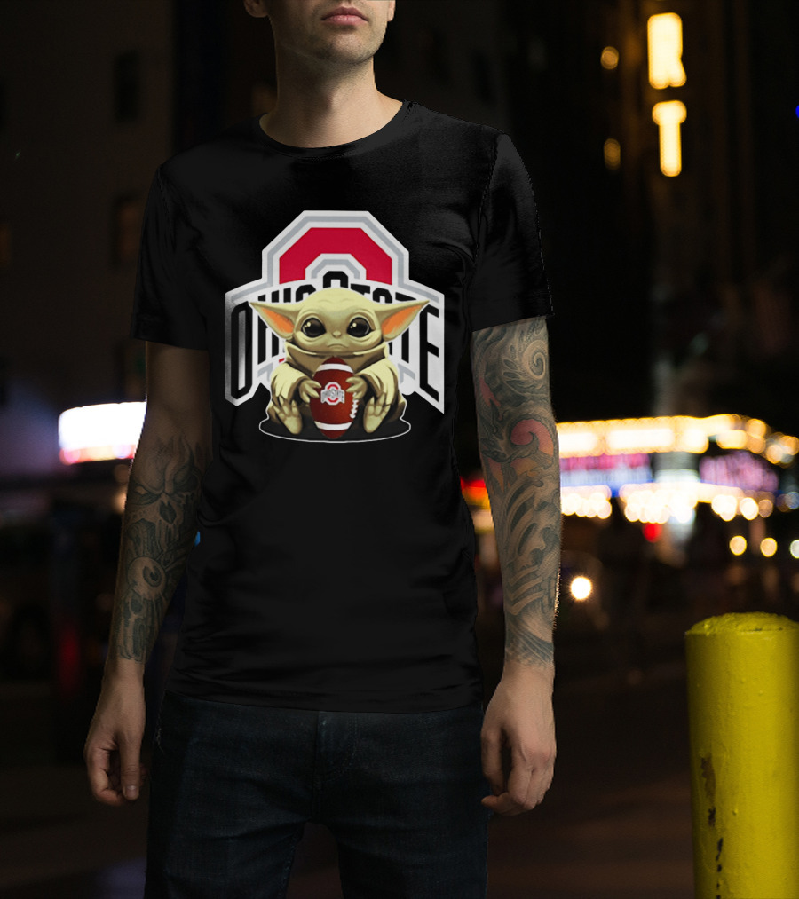 Baby Yoda Holding Ohio State Buckeyes Football T-Shirt