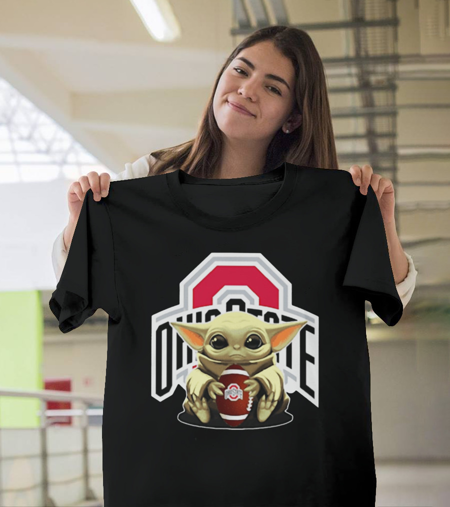 Baby Yoda Holding Ohio State Buckeyes Football T-Shirt