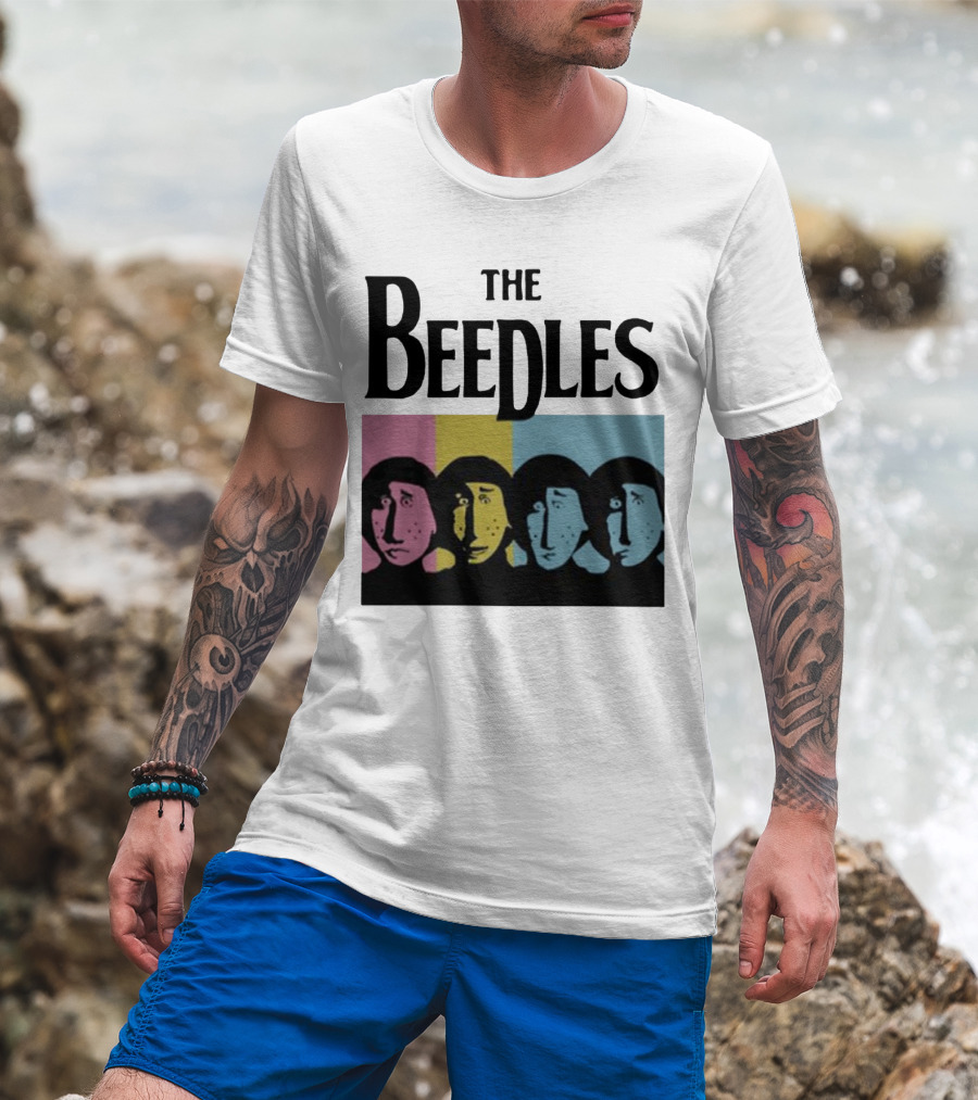 The Beedles Cartoon Pop Art Faces In Pink Yellow Blue T-Shirt