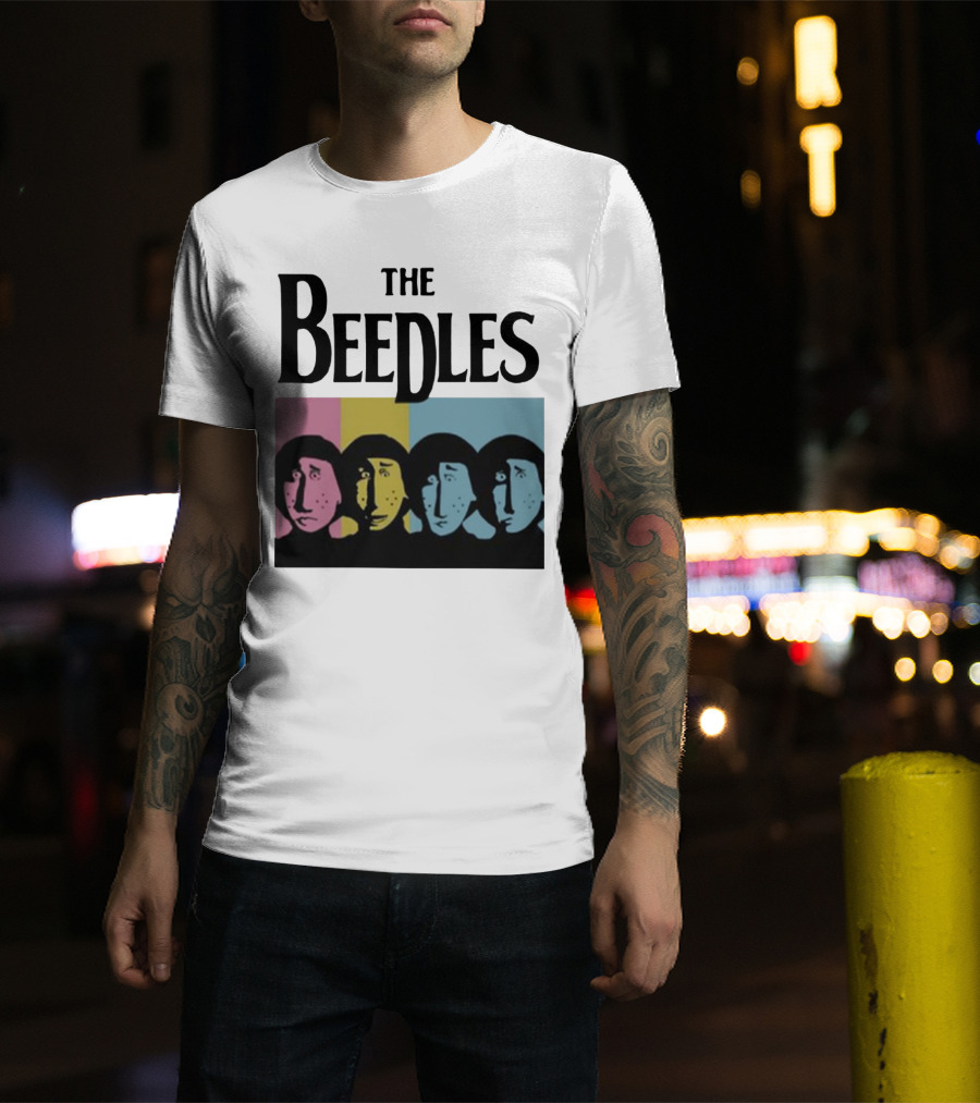 The Beedles Cartoon Pop Art Faces In Pink Yellow Blue T-Shirt