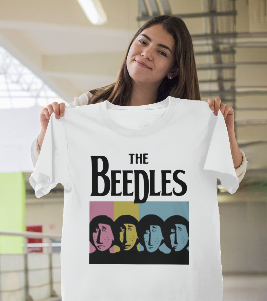 The Beedles Cartoon Pop Art Faces In Pink Yellow Blue T-Shirt