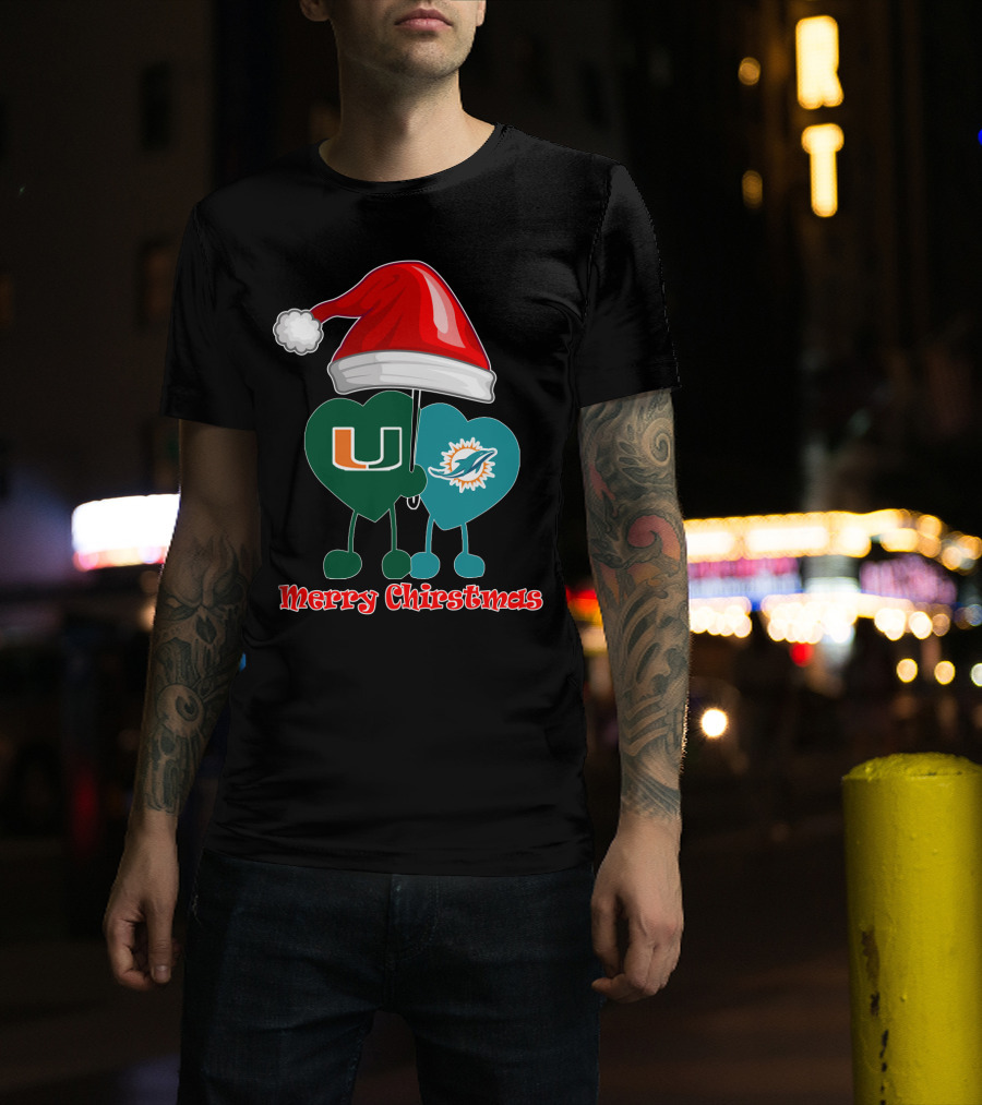 Merry Christmas Miami Dolphins Miami Hurricanes Santa Hat Hearts T-Shirt