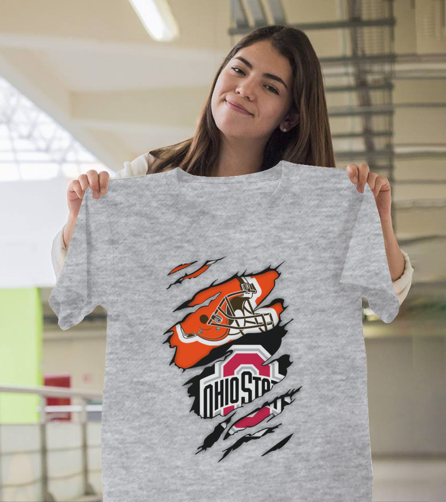 Cleveland Browns Helmet And Ohio State Buckeyes Logo Ripped T-Shirt
