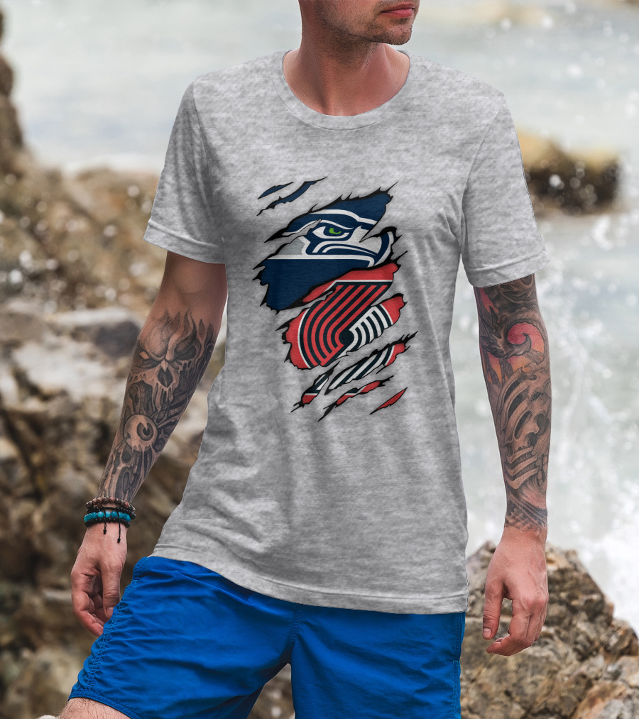 Portland Trail Blazers Seattle Seahawks Ripped Logo Fusion T-Shirt