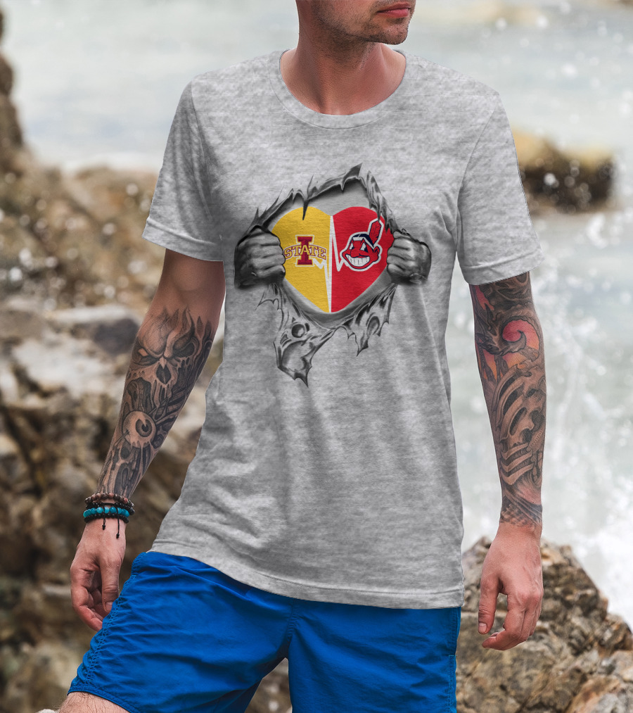 Iowa State Cyclones Cleveland Indians Heart Logo Hands Peeling T-Shirt