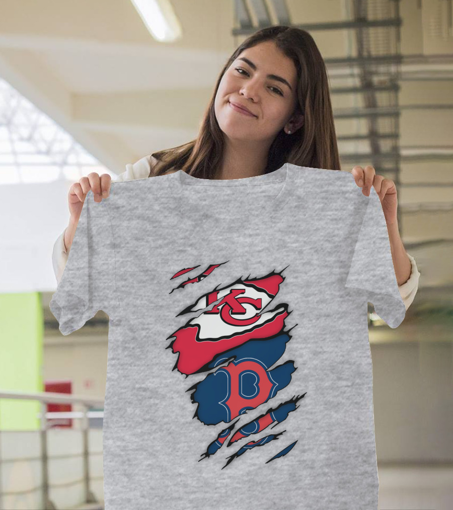 Boston Red Sox Kansas City Chiefs Combined Logo Fan Gear T-Shirt