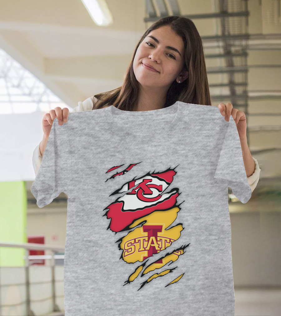Iowa State Cyclones Kansas City Chiefs Logo Ripped Style T-Shirt
