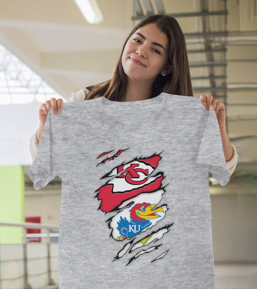 Kansas City Chiefs And Ku Jayhawks Logos Torn T-Shirt