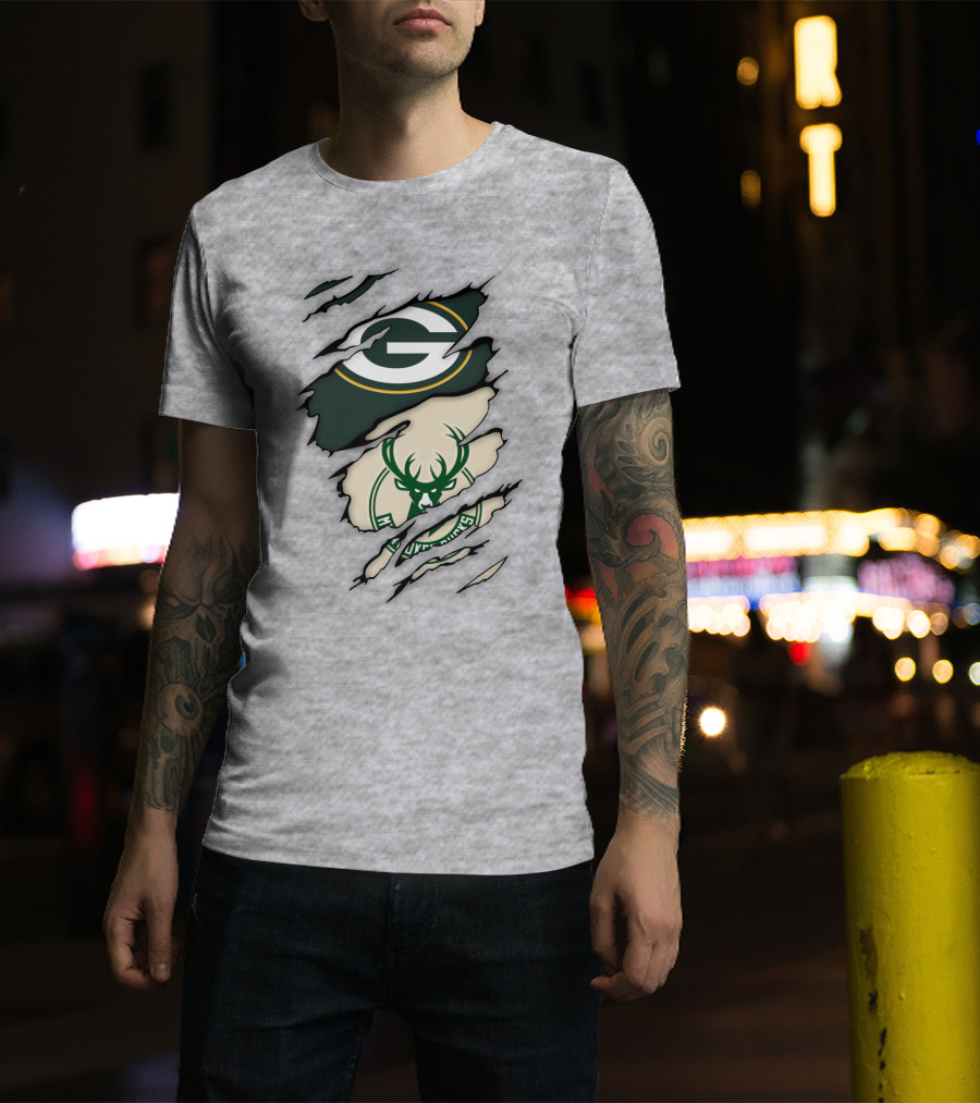 Green Bay Packers Milwaukee Bucks Ripped Reveal Logo Fusion T-Shirt