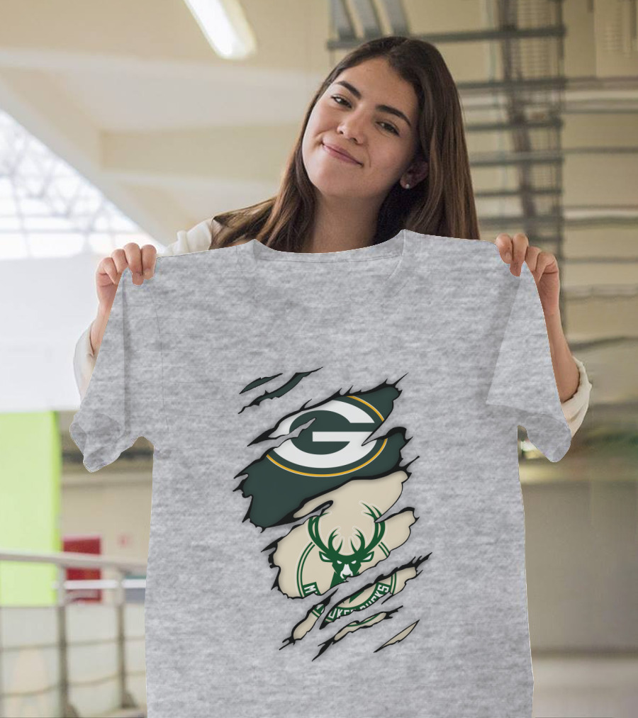 Green Bay Packers Milwaukee Bucks Ripped Reveal Logo Fusion T-Shirt