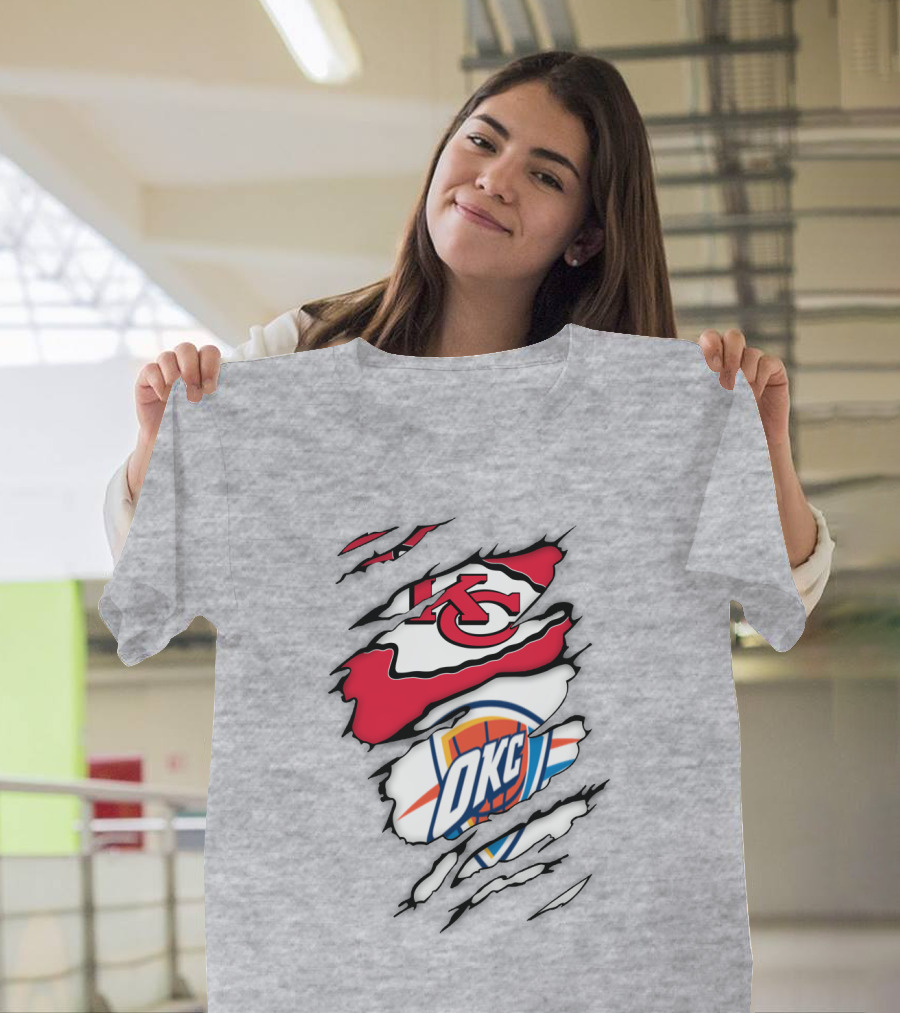 Kansas City Chiefs Okc Thunder Logos Overlapping Sports Crossover T-Shirt