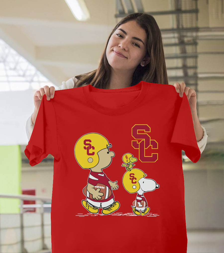 USC Trojans Peanuts Characters Football Theme with SC Helmets T-Shirt