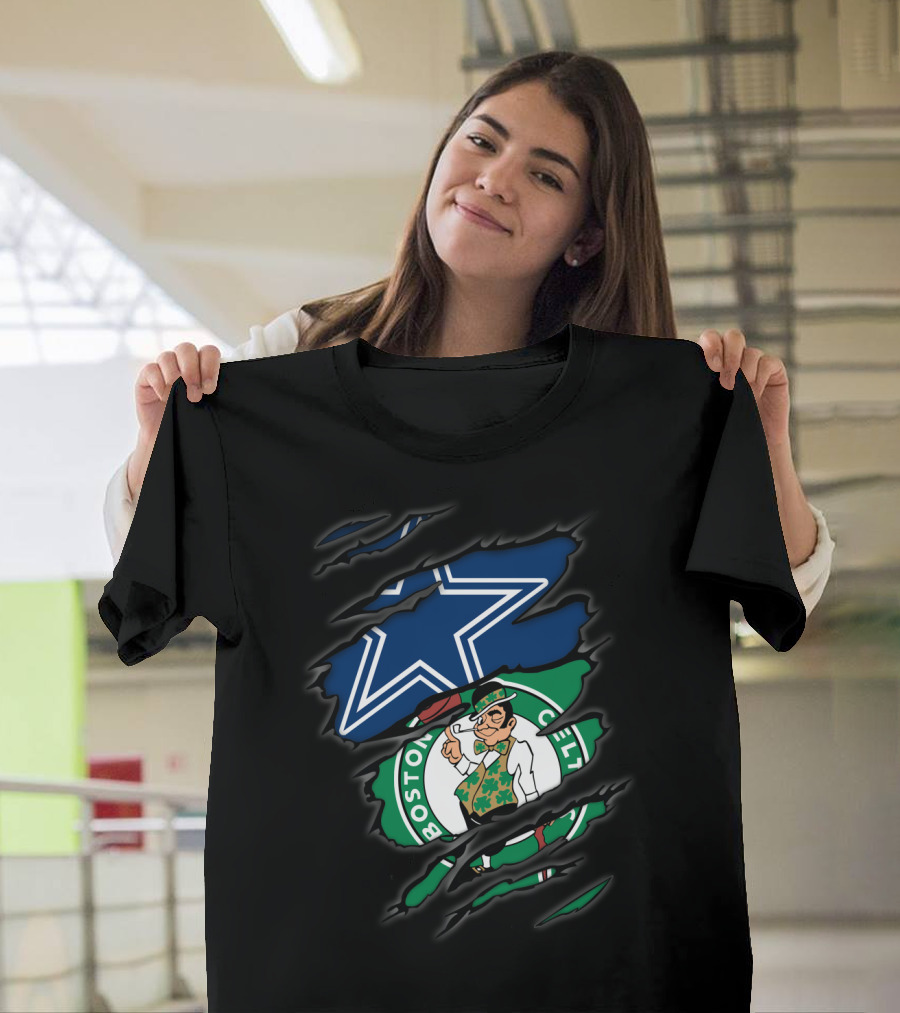 Cowboys Boston Celtics Logo Mashup Ripped T-Shirt