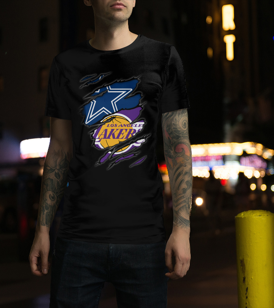 Cowboys Los Angeles Lakers Star Logo And Basketball Fusion T-Shirt