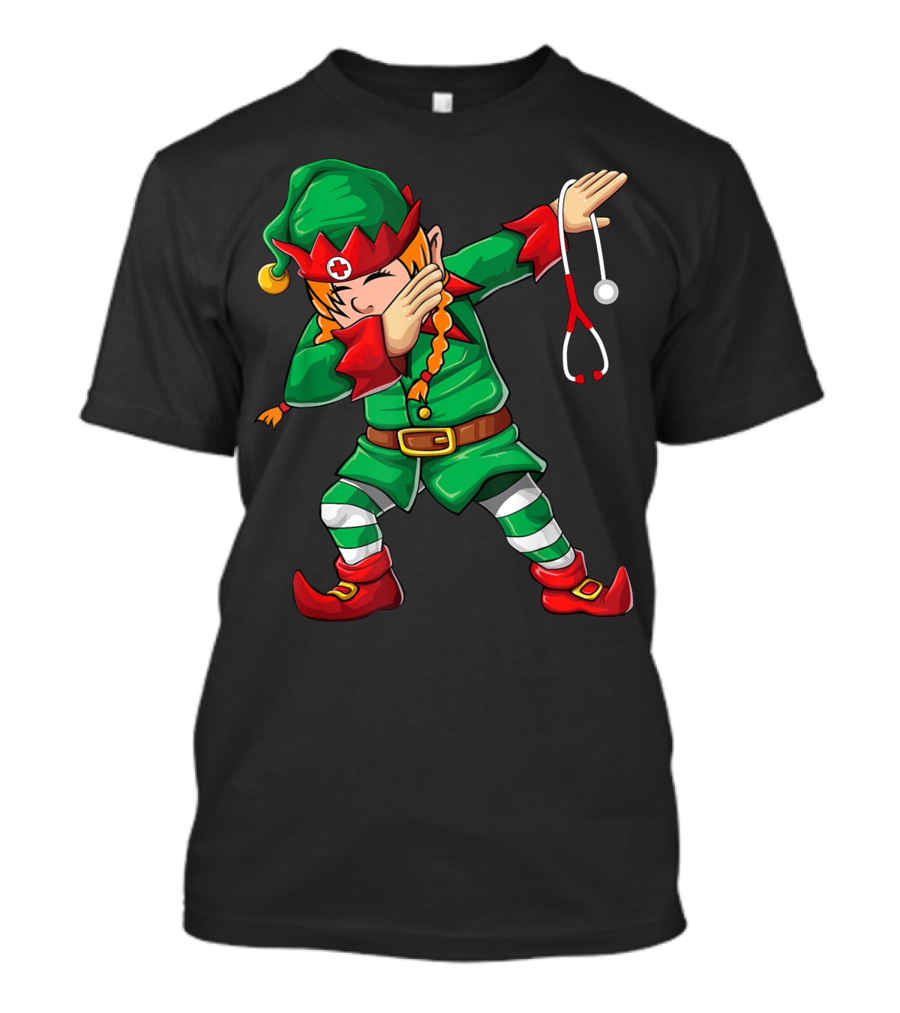 Dabbing Elf Girl Christmas Nurse Stethoscope Scrub Tops T-Shirt