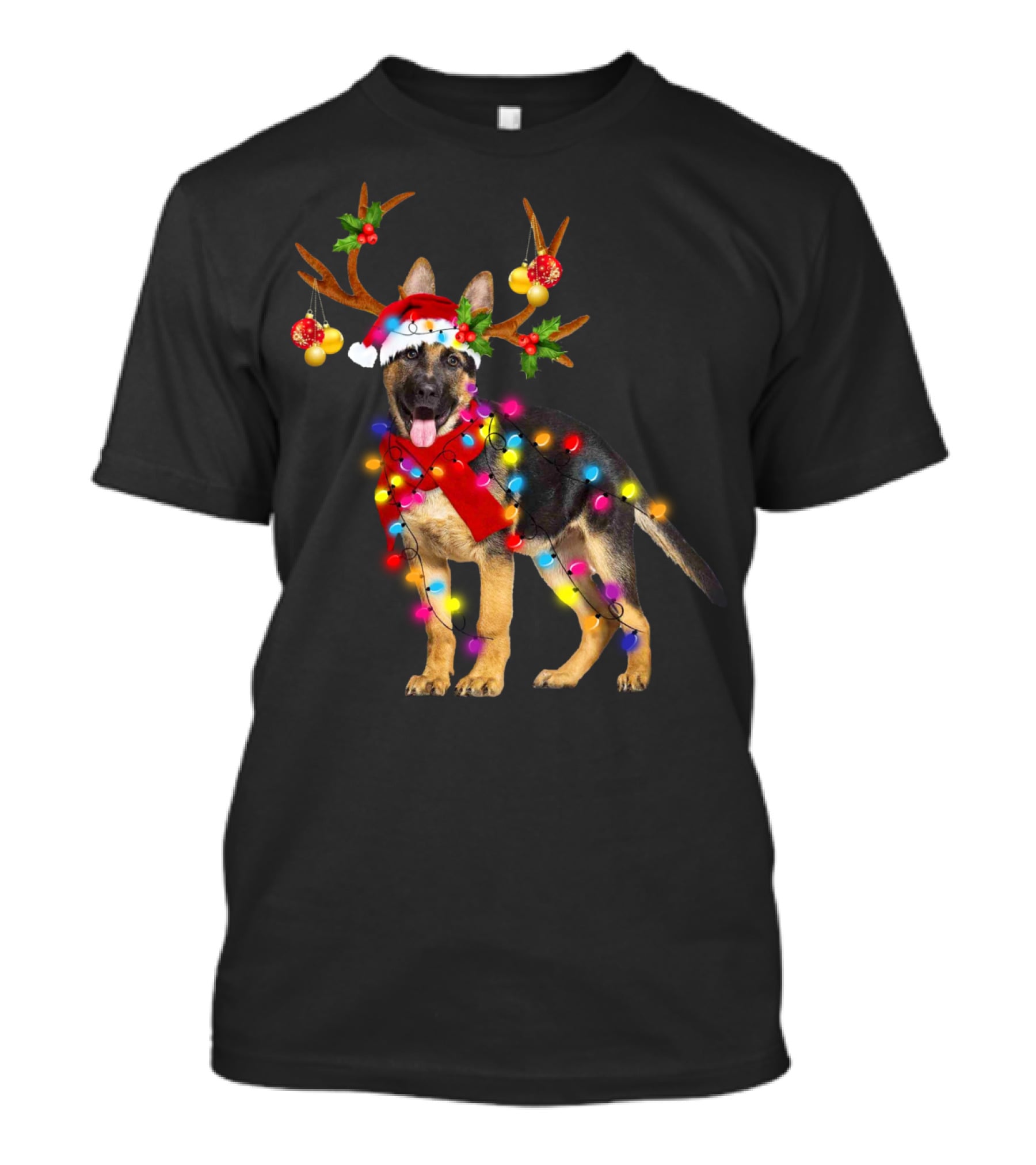 German Shepherd Christmas Dog With Reindeer Antlers And Holiday Lights T-Shirt