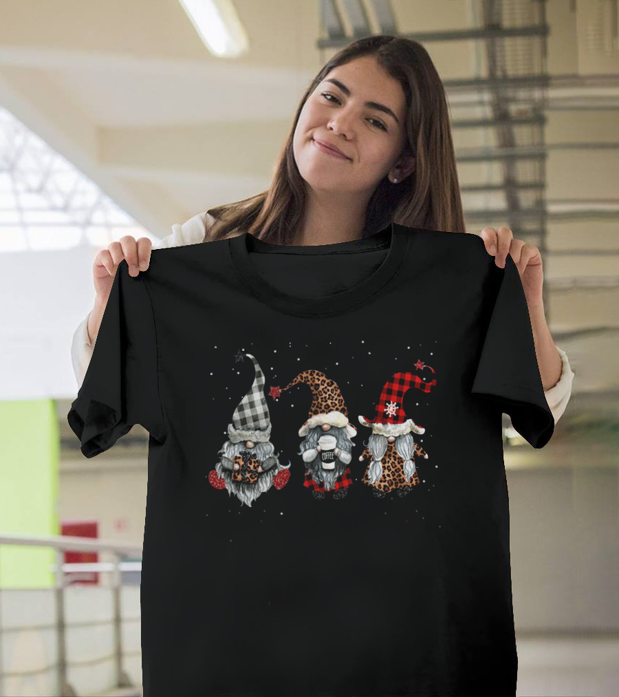 Just Hangin With My Gnomies Santa Gnome Plaid Leopard Patterns Coffee Christmas Snowflakes T-Shirt
