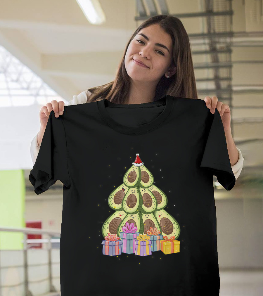 Avocado Christmas Tree With Santa Hat And Presents Avocado Lover T-Shirt