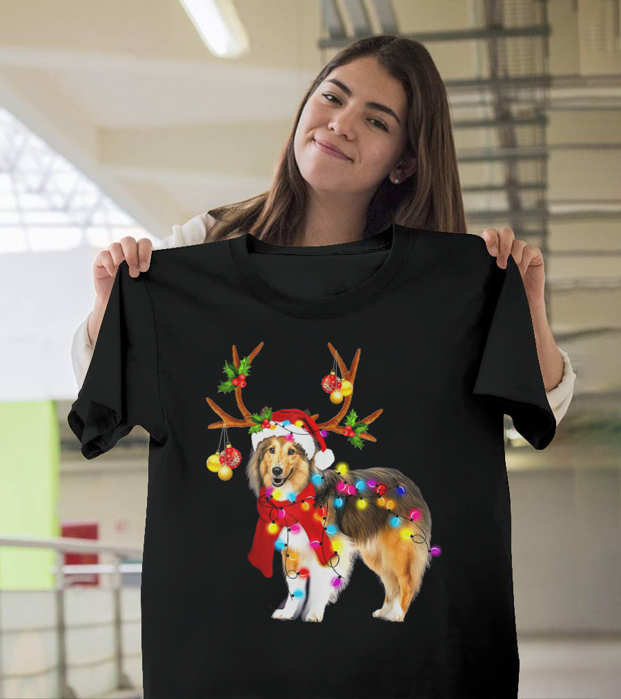 Christmas Sheltie Dog in Santa Hat with Reindeer Antlers and Colorful String Lights T-Shirt