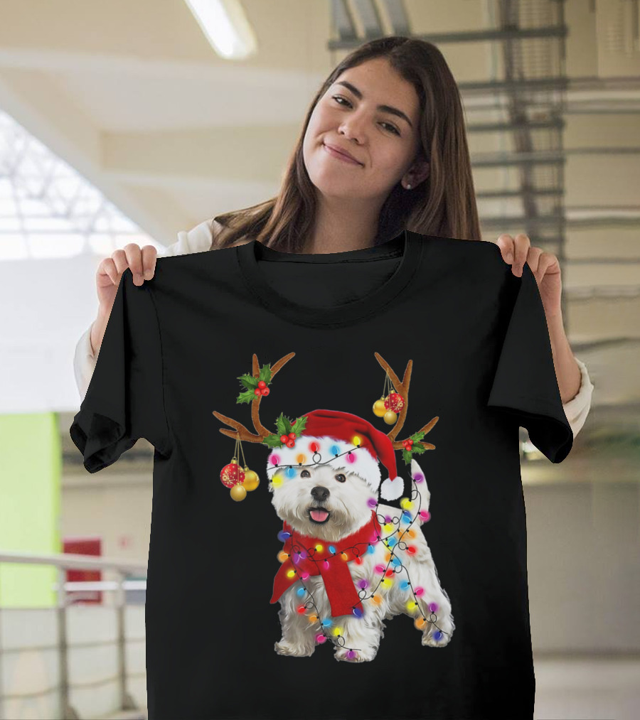 Santa Westie Dog Reindeer Lights Holiday T-Shirt