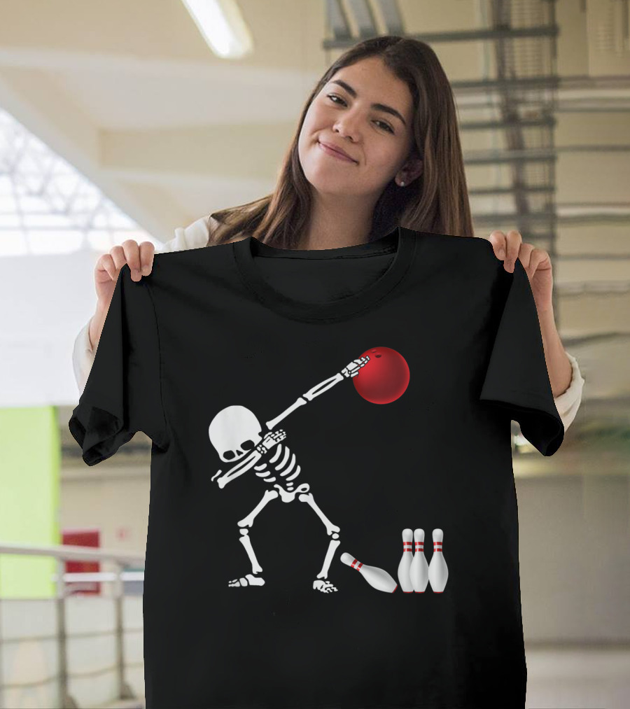 Skeleton Bowler Dabbing with Red Bowling Ball and Pins Fun Bones Lover T-Shirt