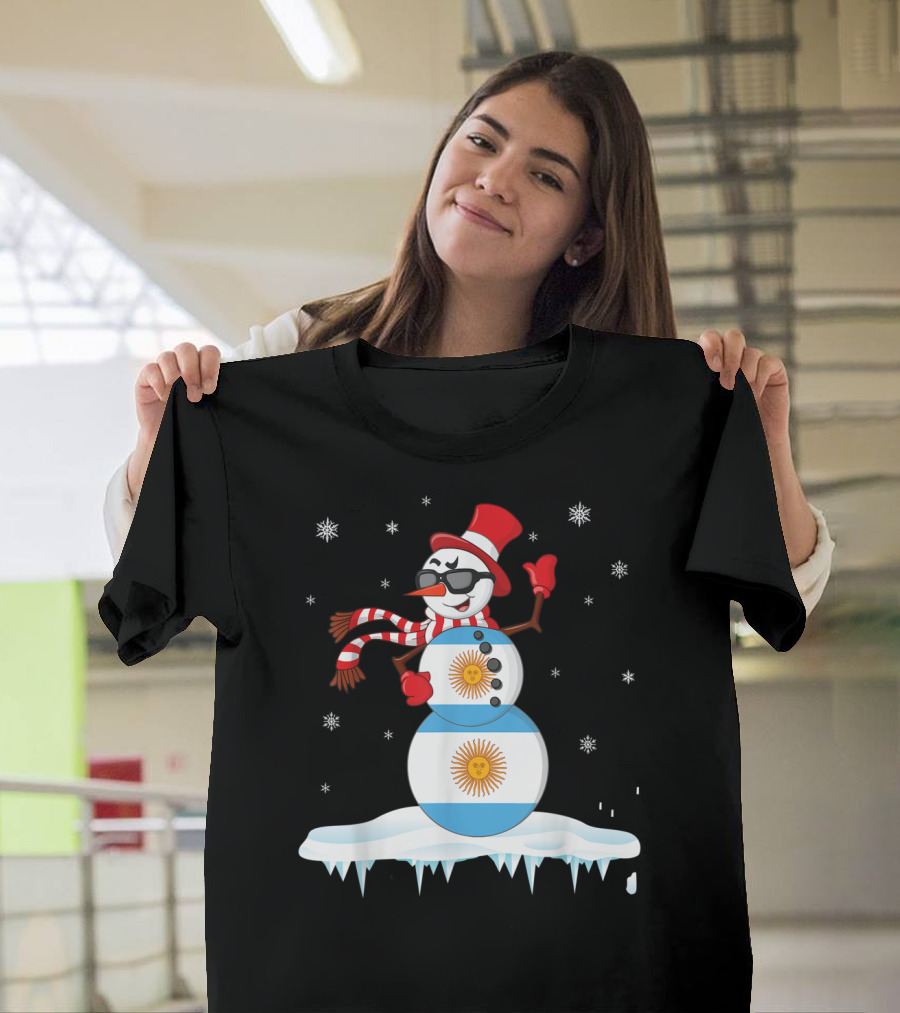Argentinian Flag Snowman Dancing in Sunglasses Merry Winter T-Shirt