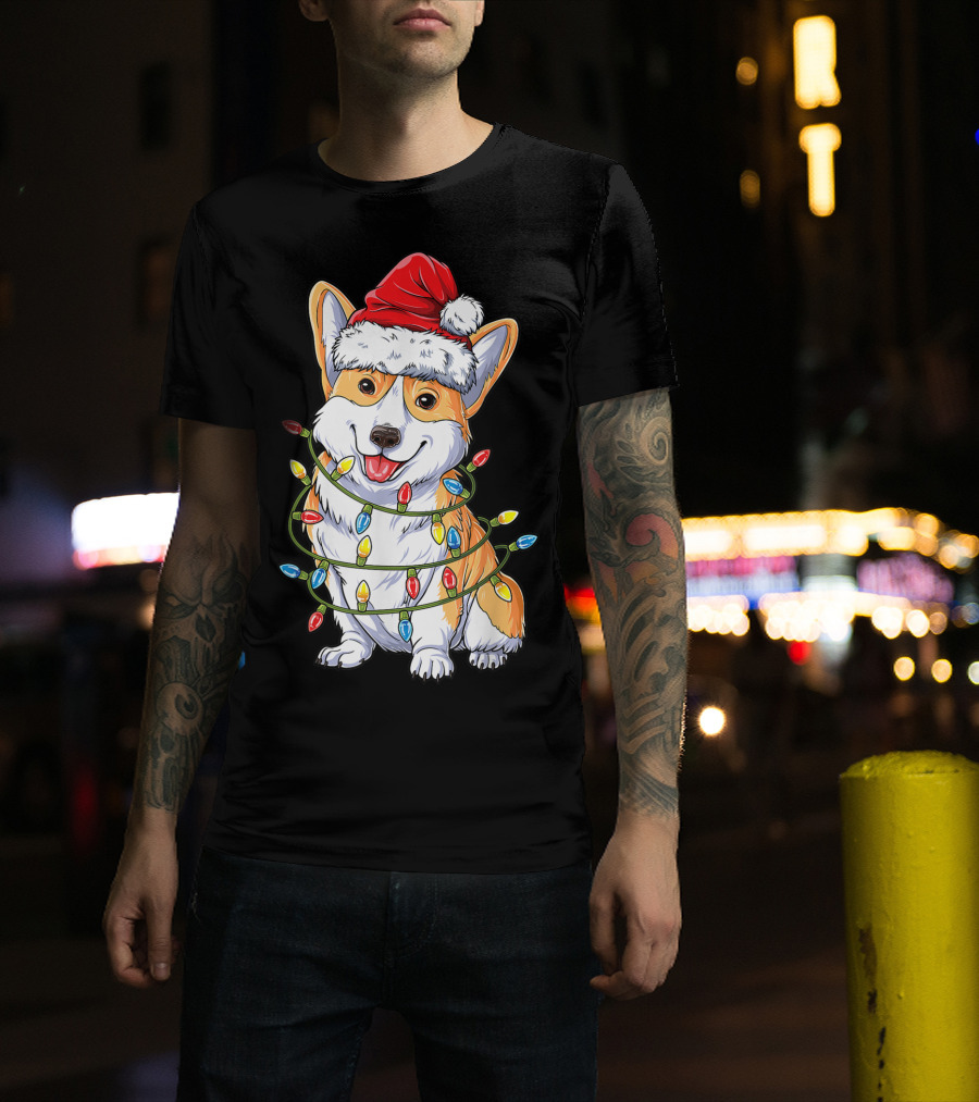 Corgi Santa Hat Wrapped In Christmas Tree Lights T-Shirt