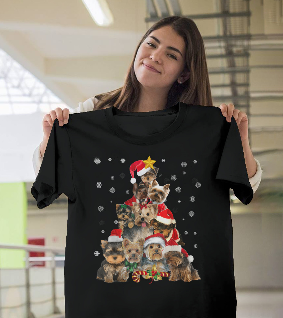 Yorkie Christmas Tree With Santa Hats And Candy Canes T-Shirt
