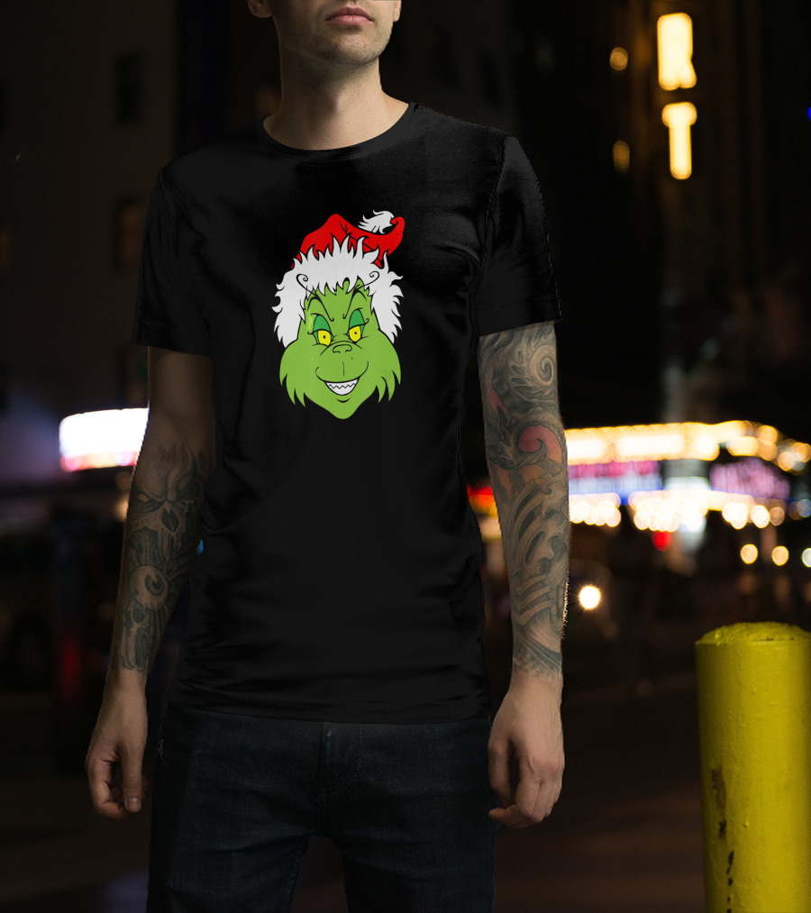 Christmas Grinch Face With Santa Hat T-Shirt