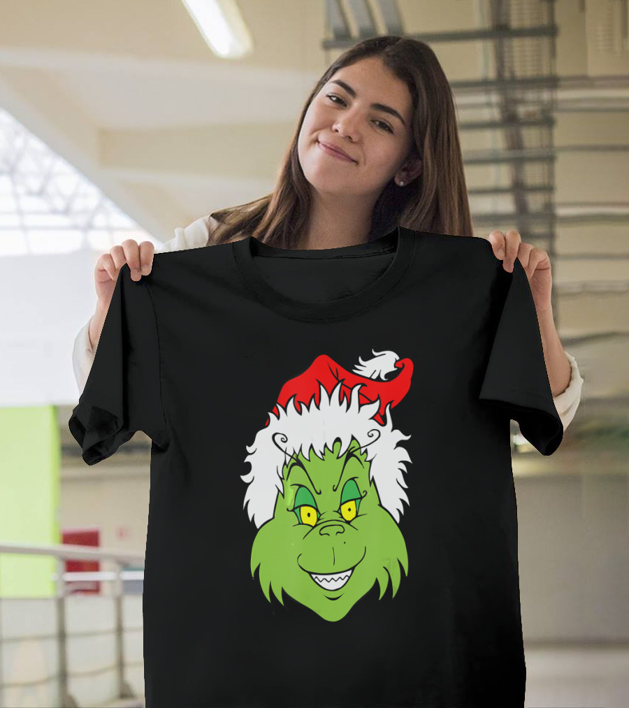 Christmas Grinch Face With Santa Hat T-Shirt