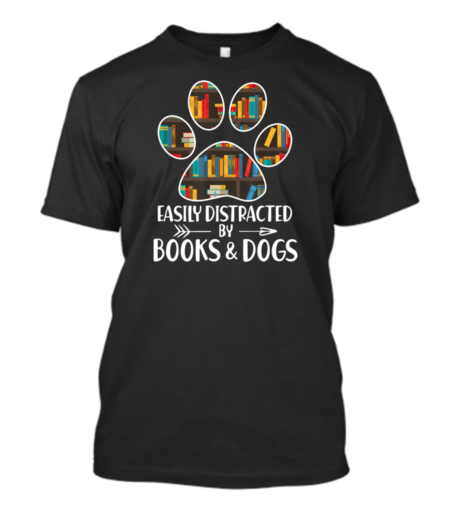 Easily Distracted By Books And Dogs Paw Print Bookshelves T-Shirt