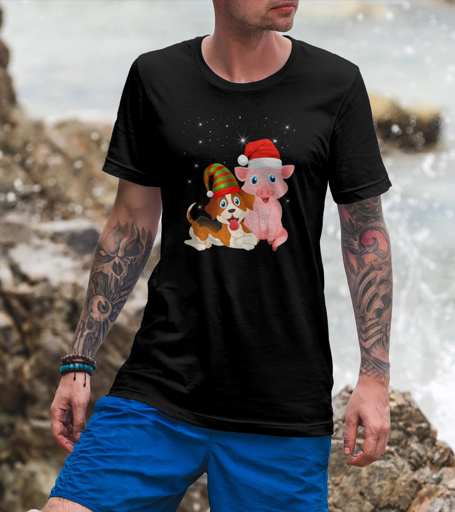 Christmas Festive Dog Pig Santa Hats T-Shirt