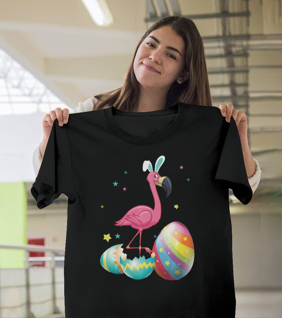 Flamingo Bunny Ears With Colorful Easter Eggs And Stars T-Shirt