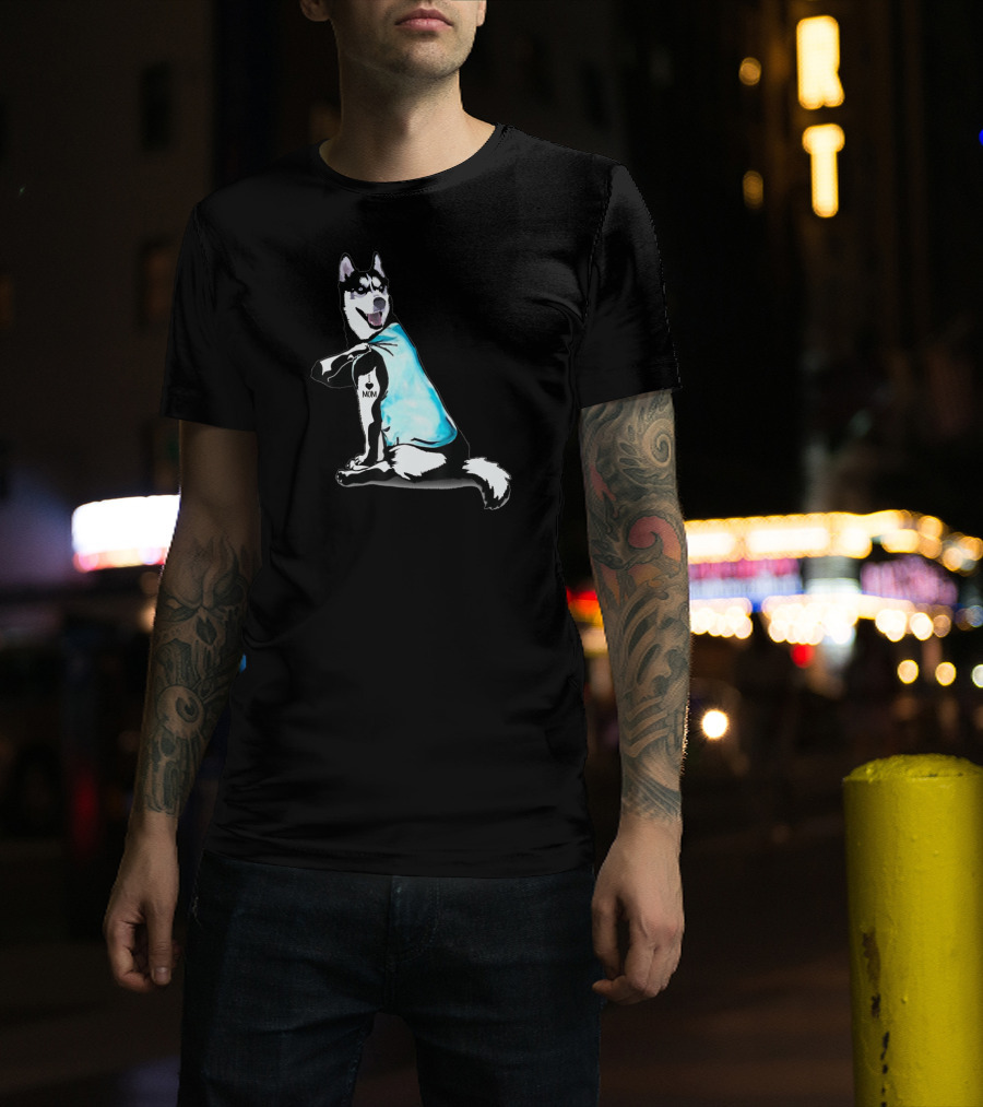 Siberian Husky I Love Mom Tattoo Blue T-Shirt