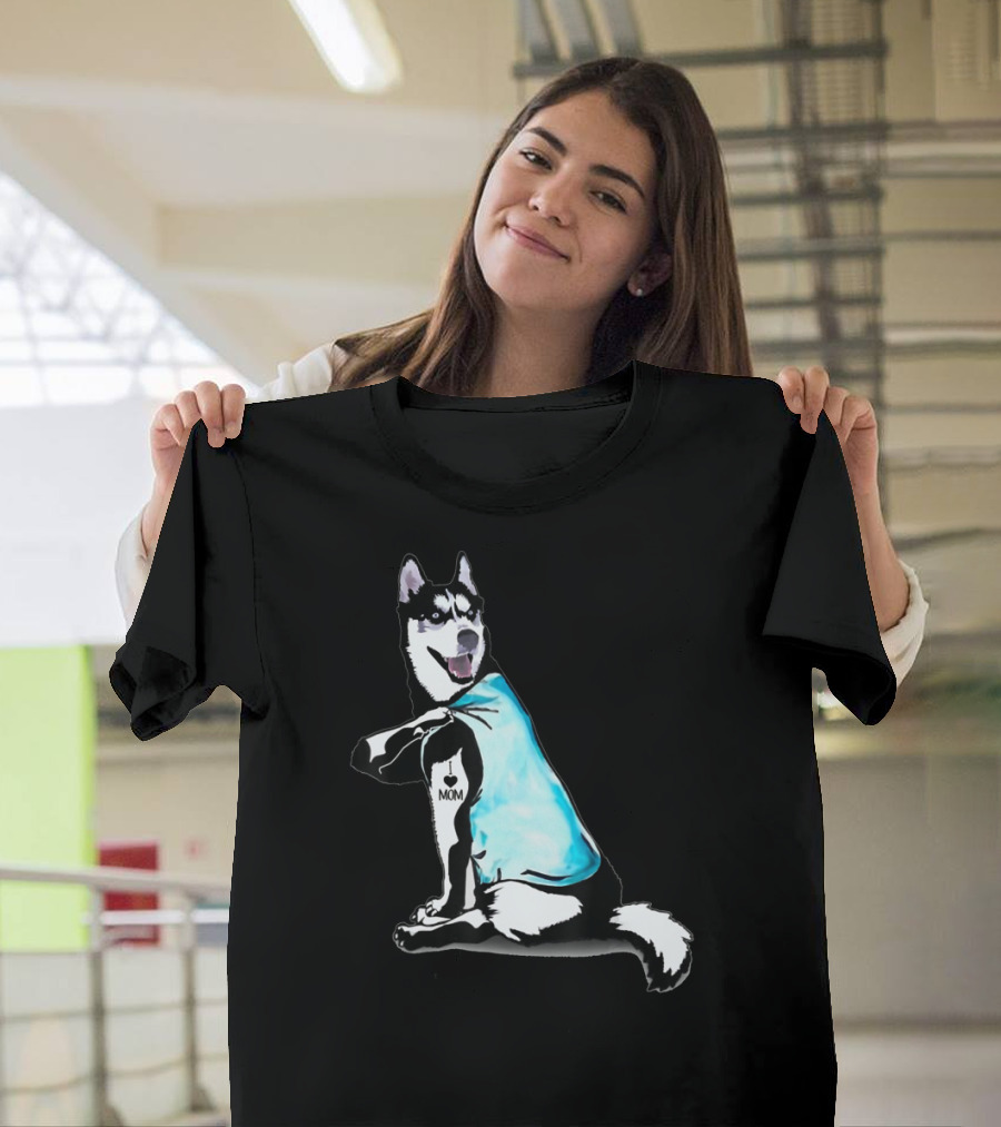 Siberian Husky I Love Mom Tattoo Blue T-Shirt
