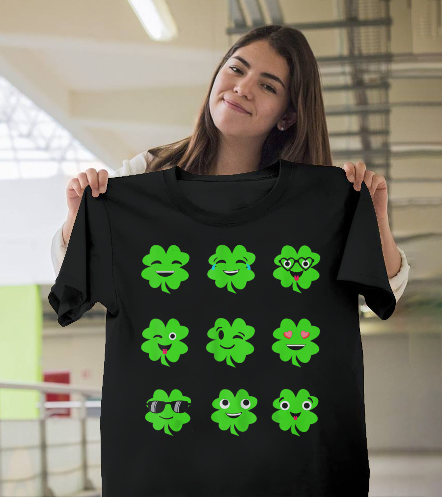 St Patricks Day Irish Shamrock Emoji Faces With Heart Eyes And Sunglasses T-Shirt