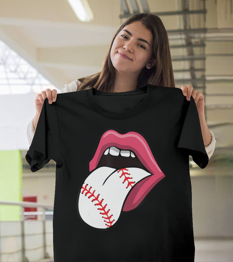 Baseball Stitch Red Lips Tongue T-Shirt