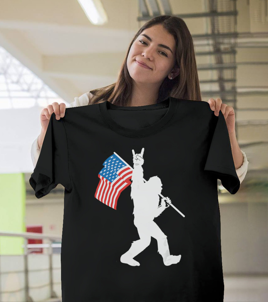 Bigfoot Rock Roll USA Flag Sasquatch Rock and Roll Gesture T-Shirt