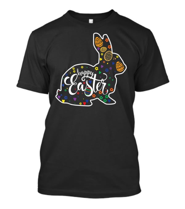 Happy Easter Colorful Bunny With Eggs And Flowers T-Shirt